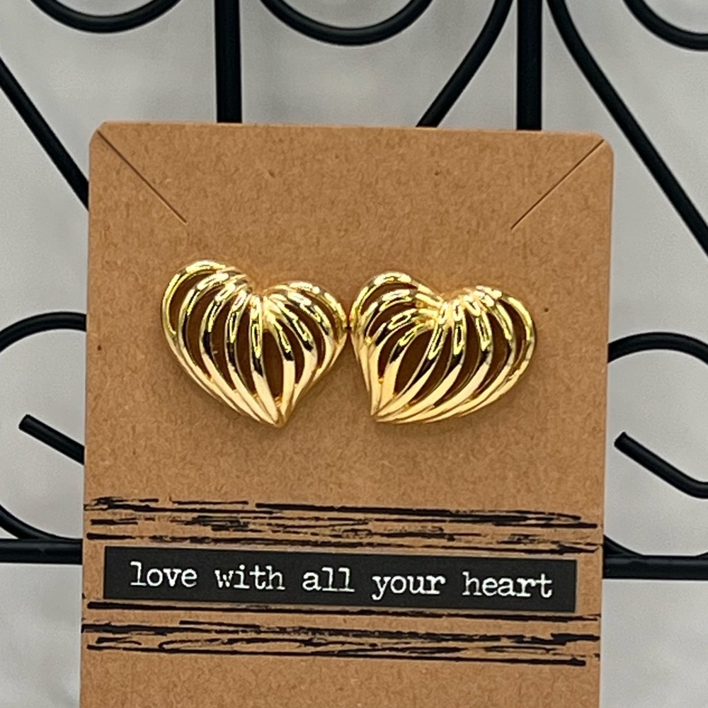 Gold Tone Openwork Heart Earrings with Clear locking soft Silicone Back, Vintage